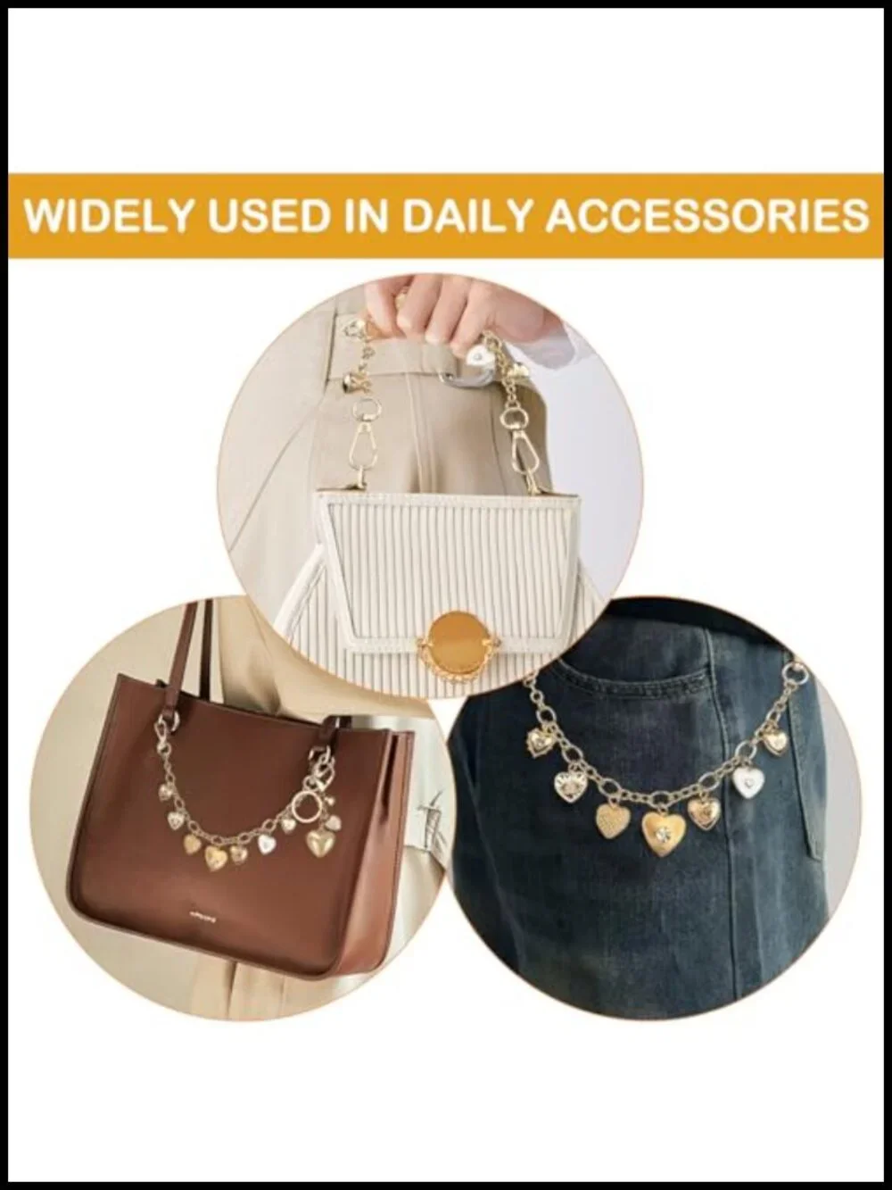 2 Pcs Gold Metal Bag Chain with Heart Purse Charm Extender Strap for Handbags